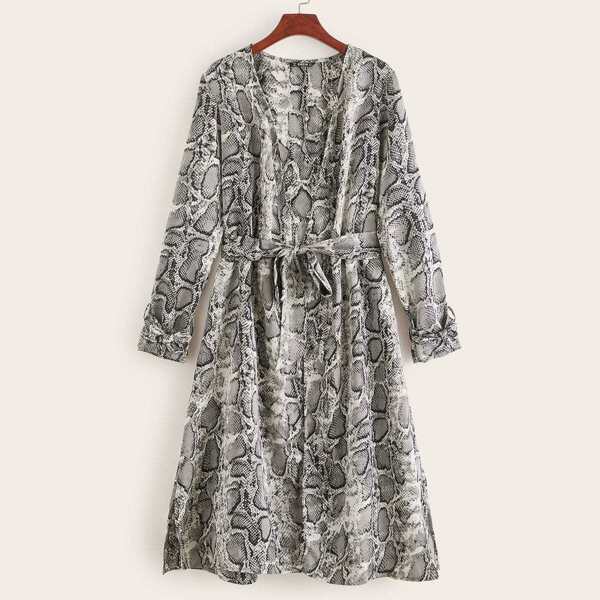 

Surplice Neck Knot Cuff Snakeskin Print Belted Coat, Multicolor
