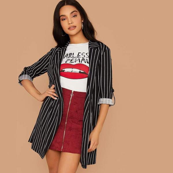 

Notched Collar Roll Tab Sleeve Striped Blazer, Black