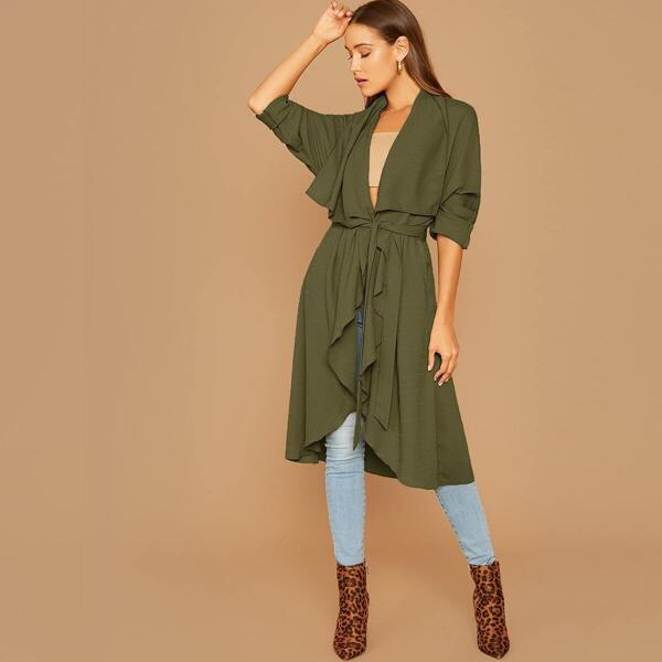 

Waterfall Collar Self Belted Coat, Army green
