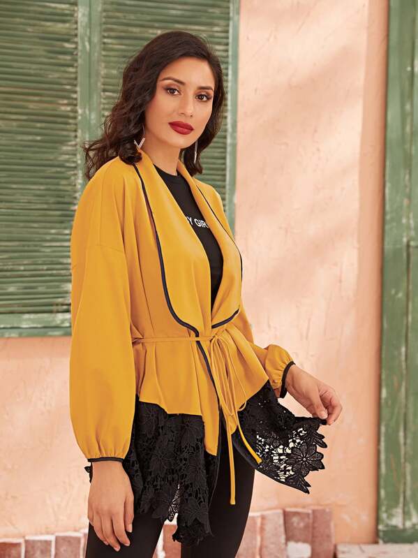 

Contrast Binding Lace Hem Belted Coat, Yellow, Jessica B