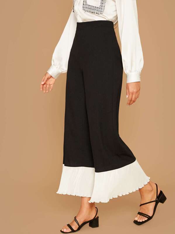 

Contrast Pleated Hem Wide Leg Pants, Black, Anna Herrin