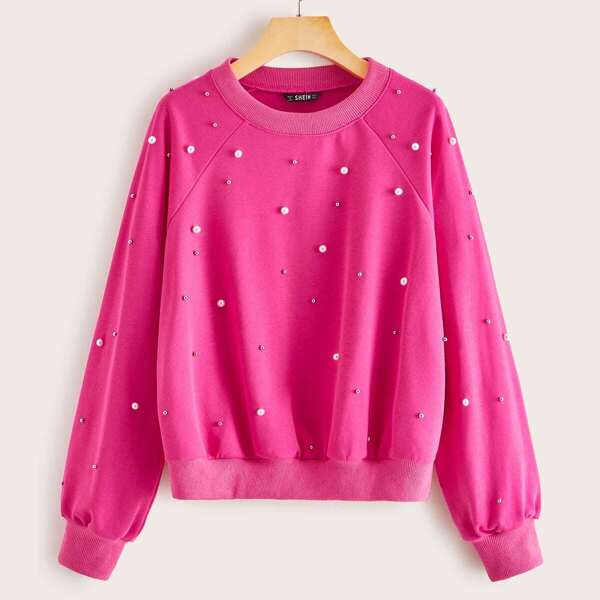 

Raglan Sleeve Pearls Beaded Sweatshirt, Pink bright