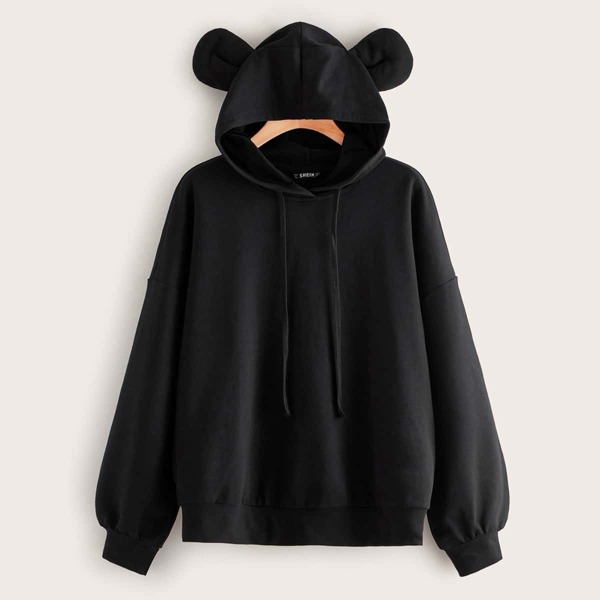 

Drop Shoulder Ear Hoodie, Black