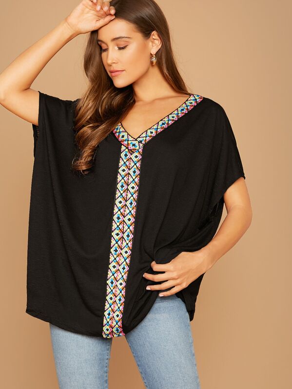 

V-neck Embroidered Tape Front Top, Black, Anna Herrin