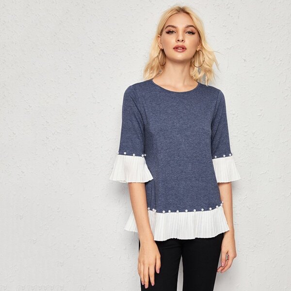 

Pearls Trim Contrast Pleated Hem Top, Navy
