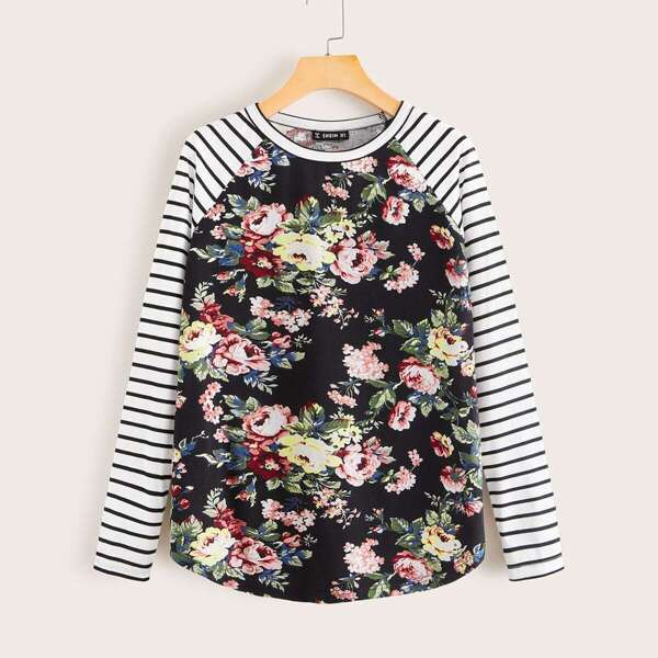 

Striped Raglan Sleeve Floral Print Tee