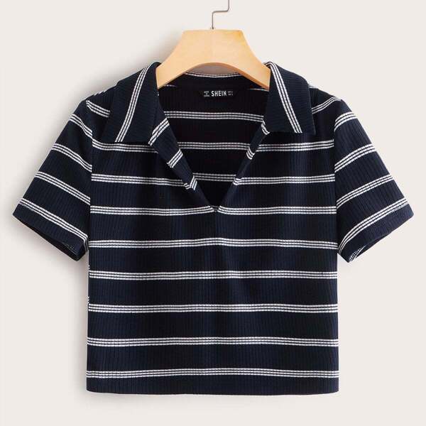 

Collared V-neck Rib-knit Striped Tee, Navy blue