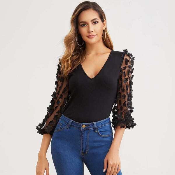 

Plunge Neck Appliques Mesh Sleeve Top, Black