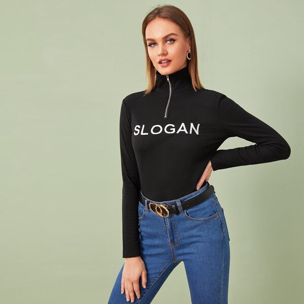 

Embroidered Letter Zip Half Placket Tee
