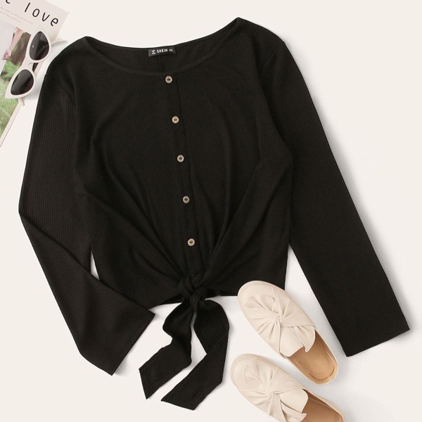 

Plus Button Front Tie Hem Rib-knit Tee