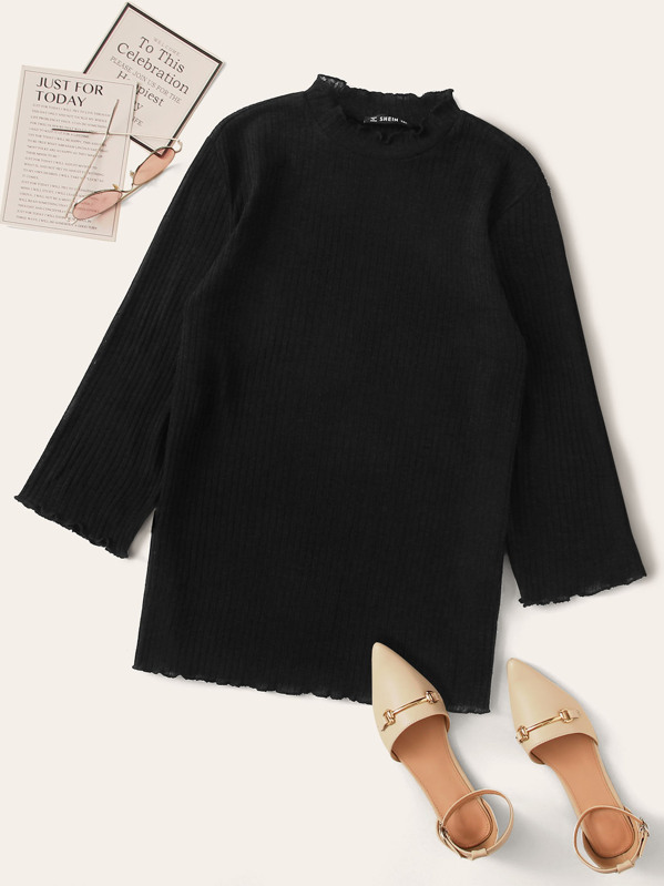 

Plus Lettuce Trim Rib-knit Tee, Black