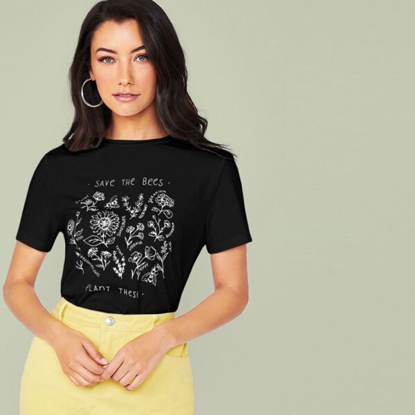 

Slogan and Floral Print Top, Black