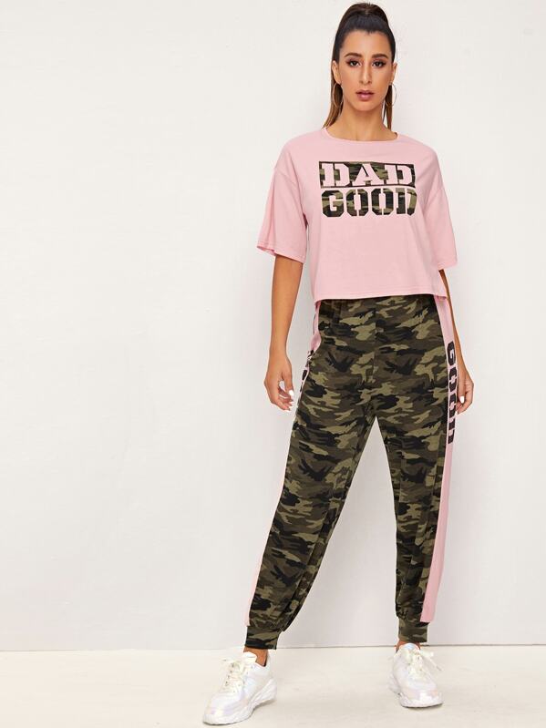 

Drop Shoulder Camo Letter Print Top & Pants Set, Multicolor, Gabe