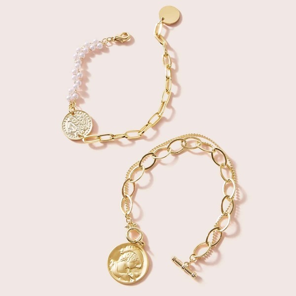 

Coin & Faux Pearl Decor Chain Bracelet 2pcs, Gold