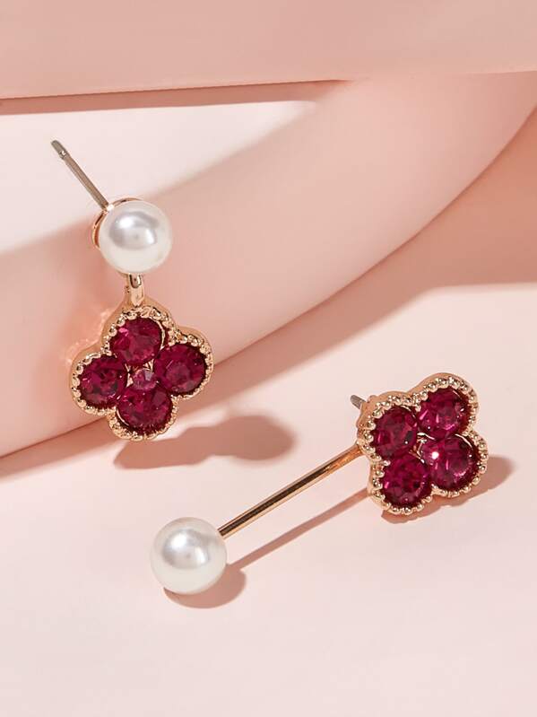 

Faux Pearl Decor Clover Mismatched Earrings Jackets 1pair, Multicolor