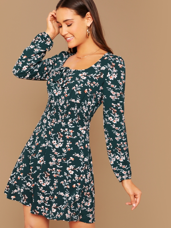 

Floral Print Tie Neck Shirred Waist Dress, Multicolor, Anna Herrin