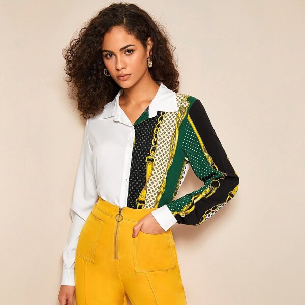 

Cut And Sew Chain Print Button Front Blouse