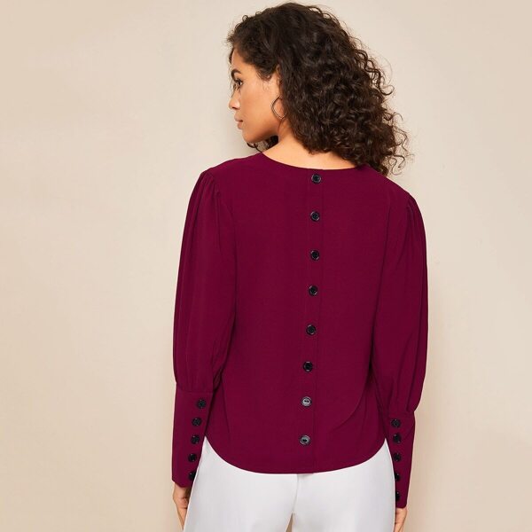 

Solid V-Neck Button Back Puff Sleeve Blouse, Burgundy