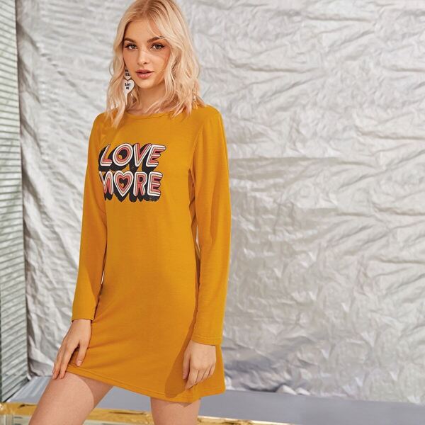 

Letter Graphic Long Sleeve Tee Dress, Yellow