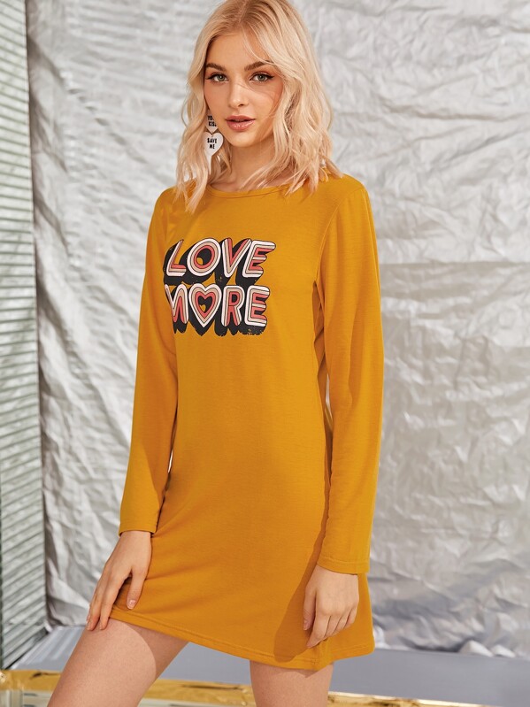 

Letter Graphic Long Sleeve Tee Dress, Yellow, Lef