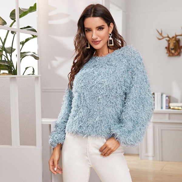 

Solid Shaggy Knit Bishop Sleeve Sweater, Blue