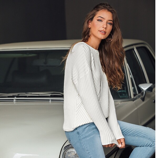 

Solid Drop Shoulder Ribbed Knit Sweater, White