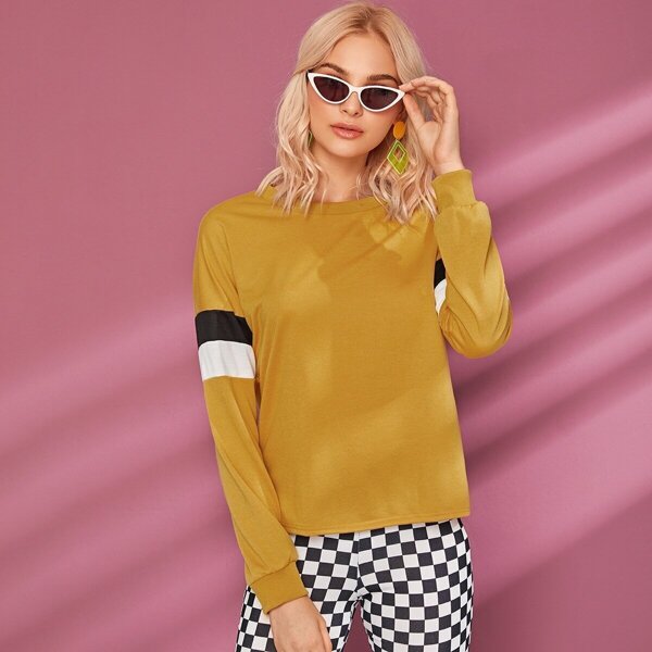 

Round Neck Contrast Panel Side Sweatshirt, Yellow