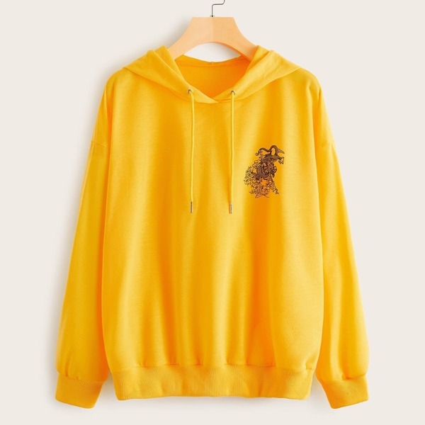

Dragon And Floral Print Drawstring Hooded Sweatshirt, Yellow