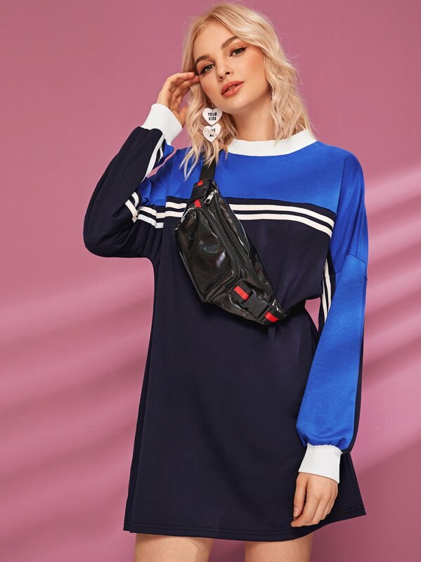 

Stand Collar Cut And Sew Striped Sweatshirt Dress, Navy, Lef