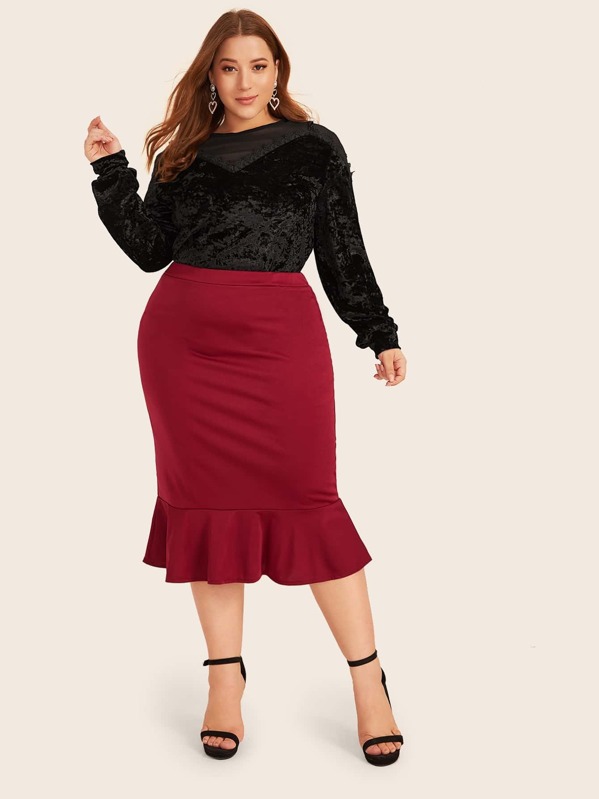 

Plus Mesh Panel Velvet Blouse, Black, Ray