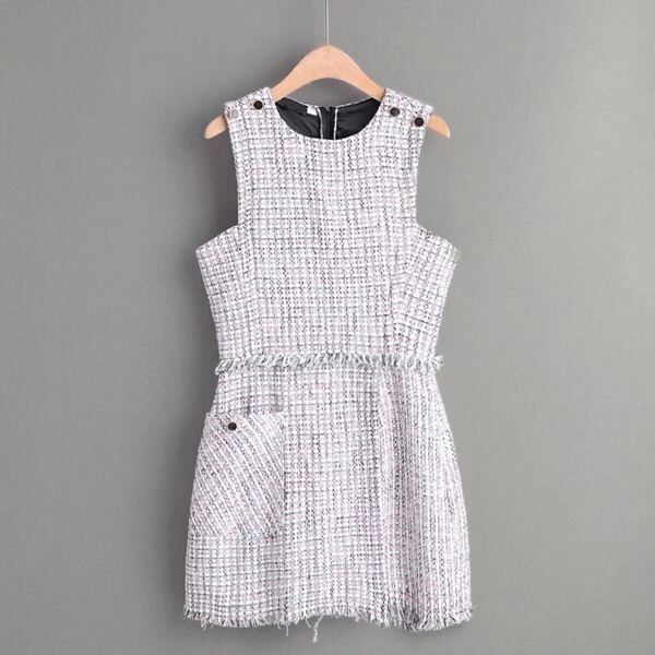 

Frayed Hem Plaid Sleeveless Tweed Dress, Beige