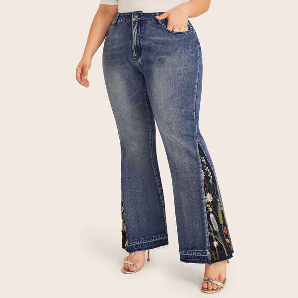 

Plus Embroidered Flower Flare Leg Jeans, Navy