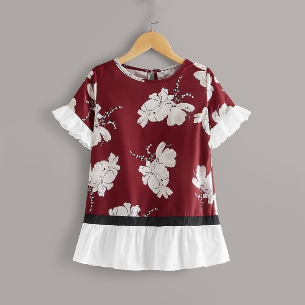 

Toddler Girls Large Floral Contrast Hem A-line Dress, Red