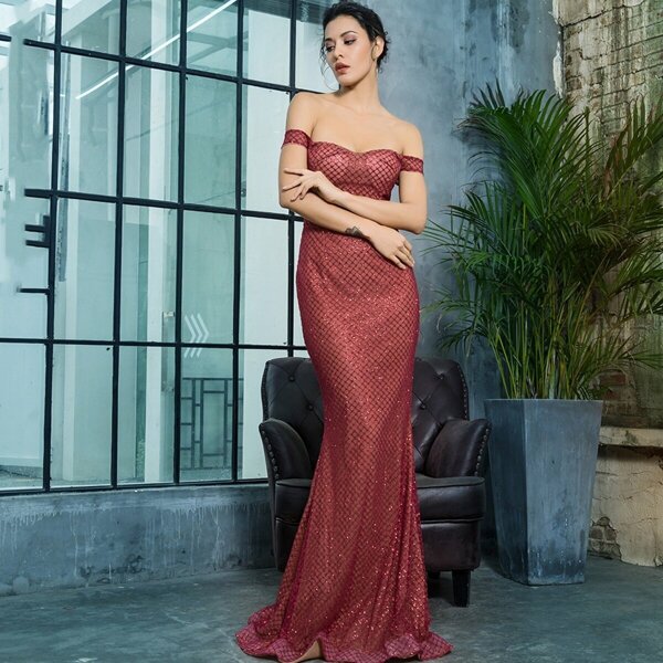 

LOVE&LEMONADE Off Shoulder Sequin Floor Length Dress, Burgundy