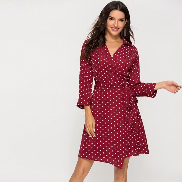 Self Tie Polka Dot Wrap Dress, Red