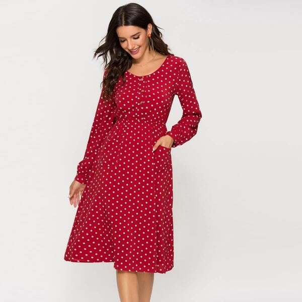 

Button Front Polka Dot Pocket Dress, Red