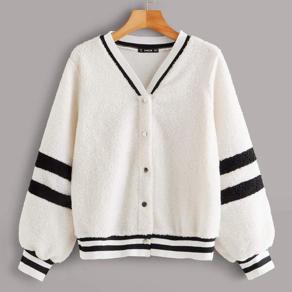 

Striped Button Front Teddy Jacket, White