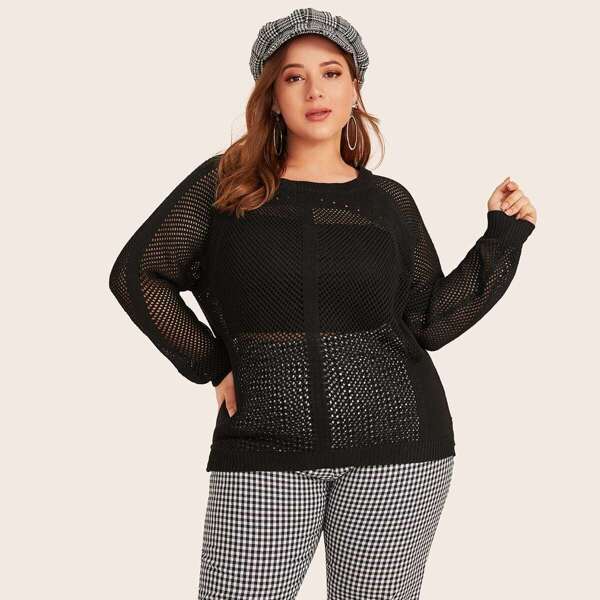 

Plus Raglan Sleeve Loose Knit Sweater, Black