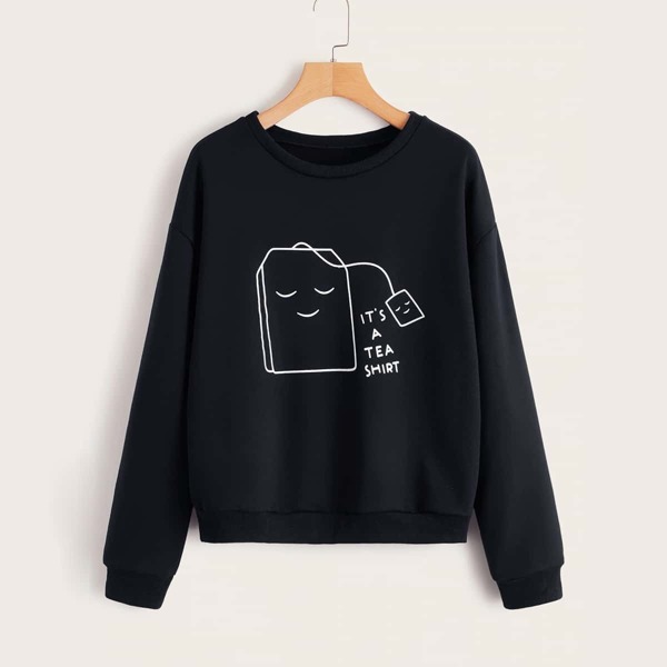 

Cartoon & Slogan Graphic Drop Shoulder Sweatshirt, Navy