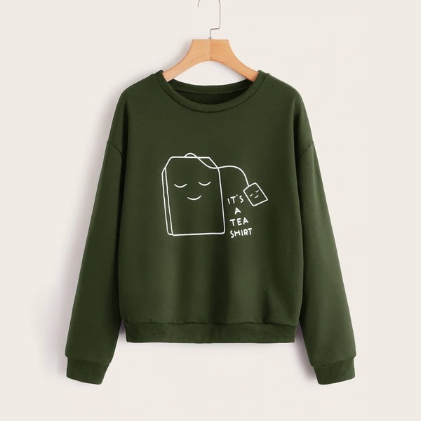 

Cartoon & Slogan Graphic Drop Shoulder Sweatshirt, Army green