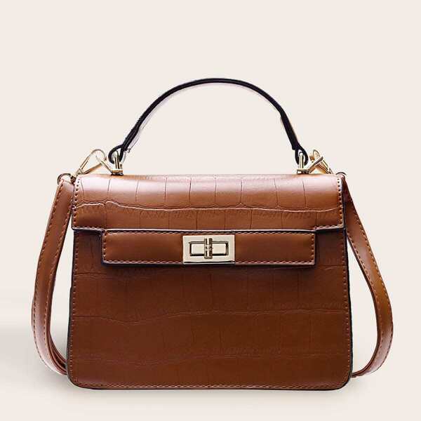 

Twist Lock Croc Embossed Satchel Bag