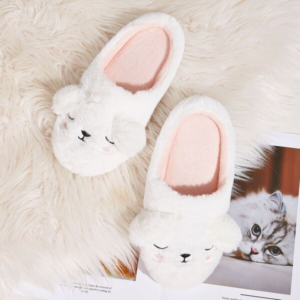 

Embroidered Detail Fluffy Slippers, White