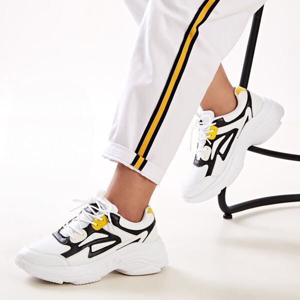 

Lace-up Front Chunky Sneakers, Black and white