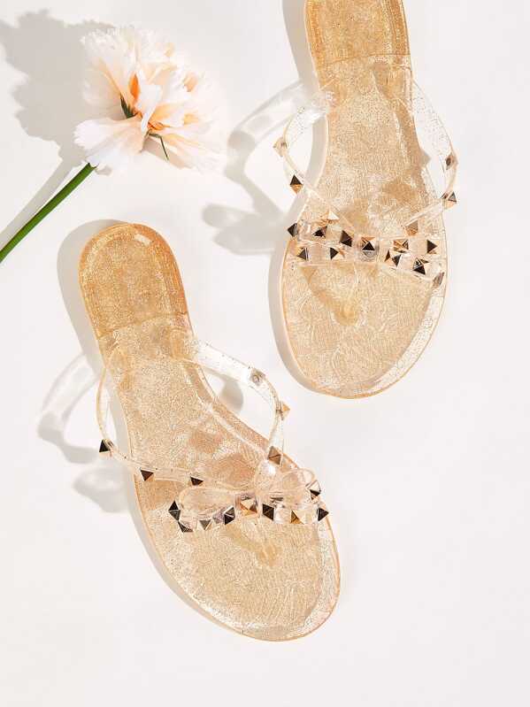 

Studded Bow Decor Toe Post Sliders, Gold