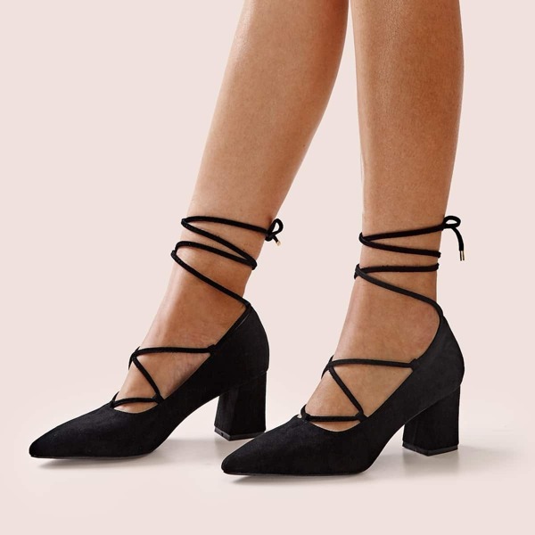 

Point Toe Tie Leg Chunky Heels, Black