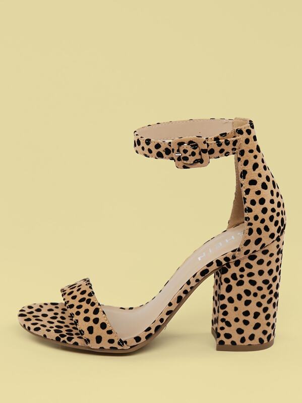 Cheetah Square Open Toe Block High Heels, Multicolor