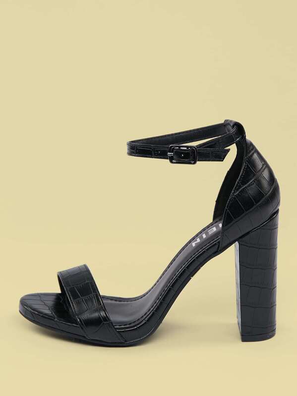 

Ankle Strap Open Toe Croc Embossed Chunky Heels, Black
