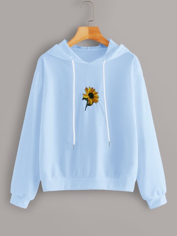 

Floral Embroidered Drop Shoulder Drawstring Hoodie, Blue