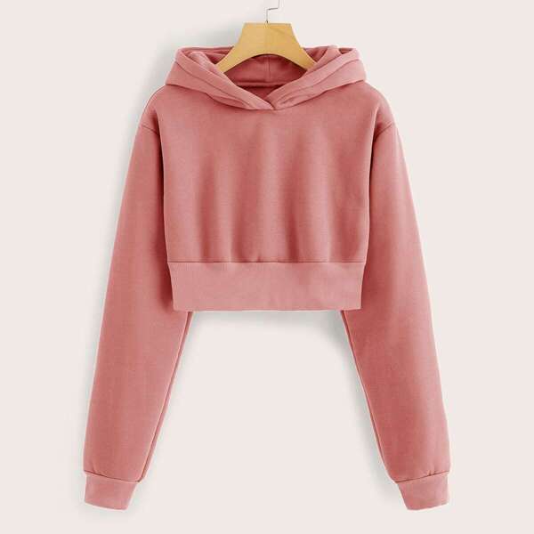 

Solid Drop Shoulder Crop Hooded Sweatshirt, Pink