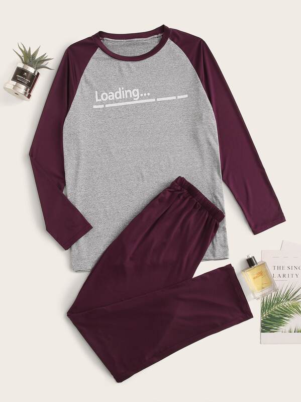 Men Letter Print Tee & Pants PJ Sets, Multicolor
